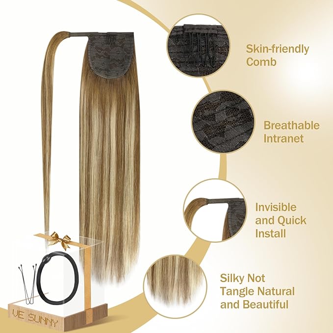 Ve Sunny Ponytail Extension Human Hair for Women Clip in Ponytail Hair Extension Straight Human Hair Pieces Wrap Around Medium Brown Fading To Brown Mix Platinum Blonde Balayage 14inch 80G