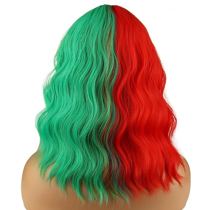 BERON 14 Inches Half Red Half Green Wig with Bangs Short Wavy Wig Green Red Wigs for Christmas Party
