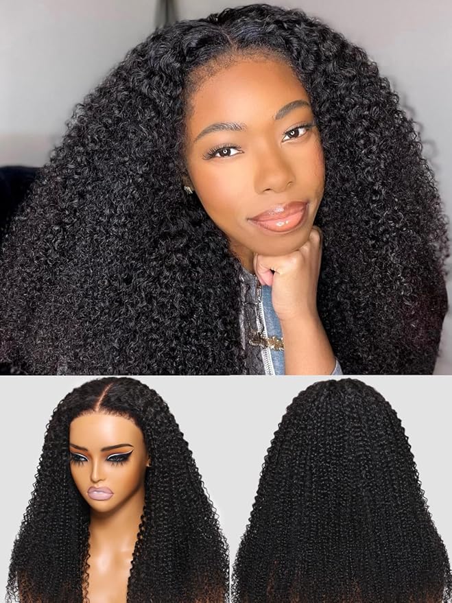 Julia Hair Bye Bye Knots 4C Kinky Curly Glueless Natural Hair Wig 7x5 Pre Cut HD Lace Front Kinky Edges Hairline Wig Pre Bleached Pre Plucked Virgin Hair with Baby Hair for Black Women 24 Inch