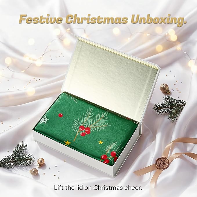 THXSILK Christmas Style 6A+ Grade Mulberry Silk Pillowcase for Hair and Skin, 22 Momme 100% Pure Silk Pillow Case with Hidden Zipper, Christmas Holly Printed Pillow Cover(King Size 20"x36", Green)