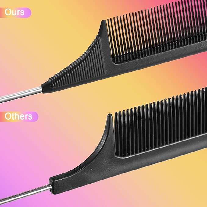 Leinuosen 3 Packs Rat Tail Comb Steel Pin Rat Tail Carbon Fiber Heat Resistant Teasing Combs with Stainless Steel Pintail (Pink, Black)