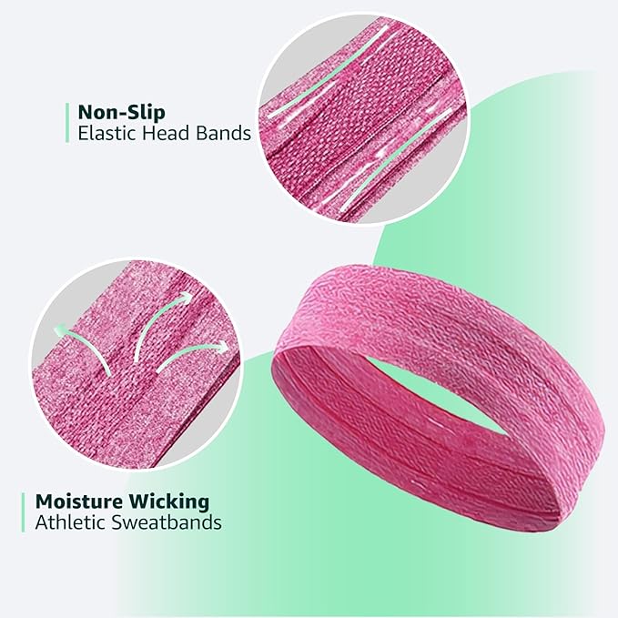 Athletic Headbands for Women, Moisture Wicking Sweatbands, Non-Slip Elastic Sports Hair Bands for Running, Workout, Yoga, Basketball, Tennis, Exercise