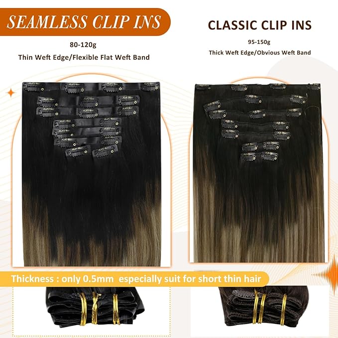 Full Shine Ombre Clip in Hair Extensions Real Human Hair 12 Inch Black to Light Brown with Honey Blonde Seamless Clip ins Invisible Remy Hair Softness 8 PCS 95 G