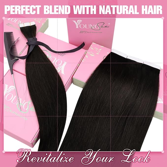 YoungSee 26 Inch Human Hair Tape in Extensions Brown Tape in Hair Extensions Human Hair Dark Brown 20pcs 50g Invisible Tapes Remy Hair Extension Long Straight Hair for Women Add Length