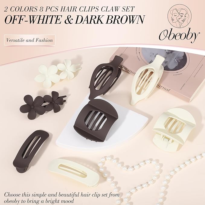 Obeoby 8 Pcs Flat Hair Clips for Women, 4 Types French Flat Claw Clips Hair Barrettes Accessories Large Medium (Off-white, Dark Brown)
