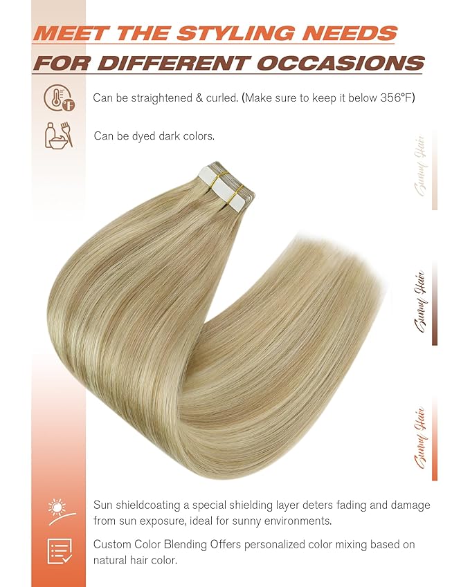 Sunny Hair Tape in Hair Extensions Human Hair Caramel Blonde mix Platinum Blonde Human Hair Tape in Extensions 12inch Hair Extensions Tape in for Women 30g 20pcs