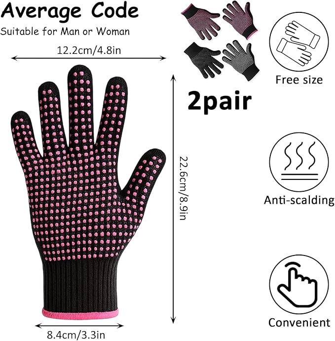 Heat Resistant Gloves for Hair Styling, 2 Pairs Black and Rose Pink, Curling Iron Gloves, Heat Protective Gloves for Hair Stylists, Salon Professionals, Home Use ﻿