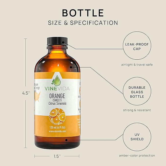 VINEVIDA Orange Sweet Essential Oil - Undiluted Orange Oil - DIY Candle Scents - Bulk Essential Oil for Soap Making - Safe for Skin (4oz)