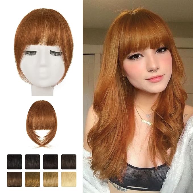 BARSDAR Real Human Hair Clip in Bangs - 100% Human Hair Clip in Bangs for Women - Auburn French Bangs Extensions Fringe with Temples Dyeable Real Hair Bangs Hairpieces - Medium Auburn