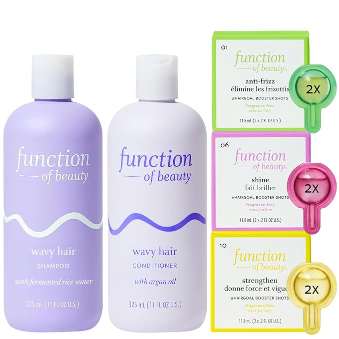 Function of Beauty Wavy Hair Set with Shampoo, Conditioner & Add-In Booster Treatment - Shine, Strengthen & Anti-Frizz Booster Shot to Enhance Shampoo, Conditioners & Hair Care Products