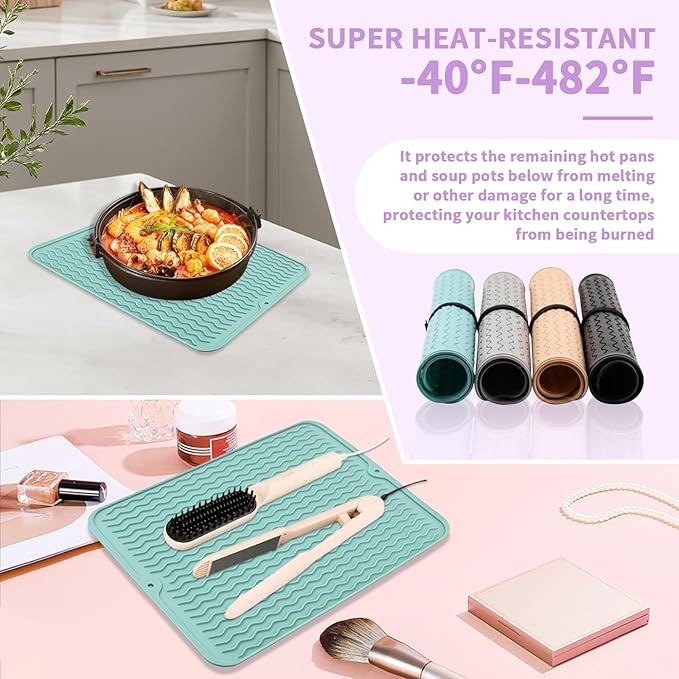Oversize Silicone Heat Resistant Mat, Heat Mat with Velcro for Curling Iron, Travel Cover Cushion for Curling Irons, Hair Bands and Styling Tools(15.7" X 11.8") (Pink)
