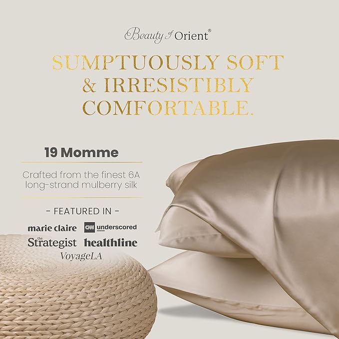 100% Pure Mulberry Silk Pillowcase for Hair and Skin, 19 Momme, Champagne, King - 20" x 36"