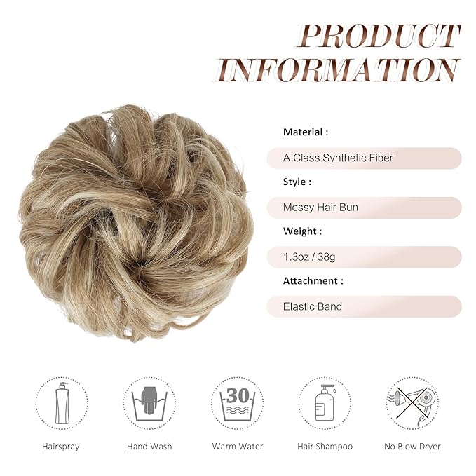 FESHFEN Messy Bun Hair Piece - Elastic Wavy Curly Hair Bun Scrunchies Extensions Synthetic Chignon Hairpieces for Women Girls, Mixed Blonde and Ash Blonde Tips 1.5 oz