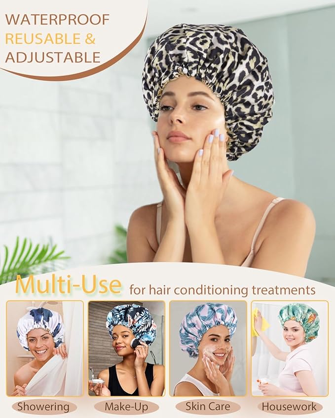 Large Shower Caps for Women Reusable Waterproof Satin Lined Shower Cap with Adjustable Band Double Layer Design Luxury Washable Bath Hair Bonnet (Black Leopard)