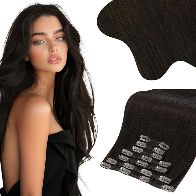 Moresoo Clip in Hair Extensions Remy Double Weft Human Hair Clip in Extensions Straight Hair Extensions for Women Dark Brown #2 7pcs 150g 20inch
