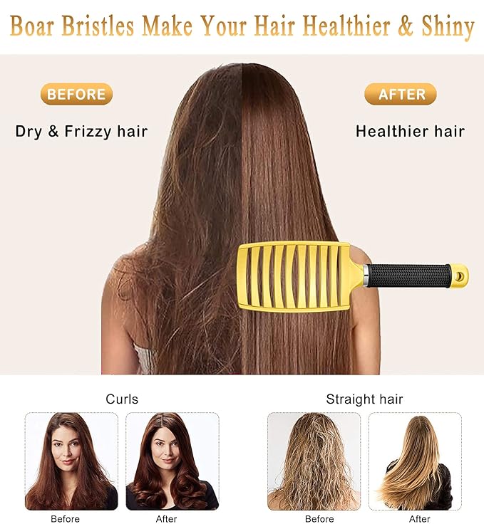 KTKUDY Detangling Brush Boar Bristles Hairbrush Make Hair Shiny & Healthier Curved and Vented Detangler Brush for Women Men Kids Wet and Dry Hair (Yellow)