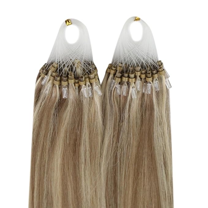 YoungSee Micro Beads Hair Extensions Brown Highlight Micro Loop Hair Extensions Human Hair Light Brown and Blonde Highlight Microlink Hair Extension Human Hair for Long Hair 24In 50s 50g