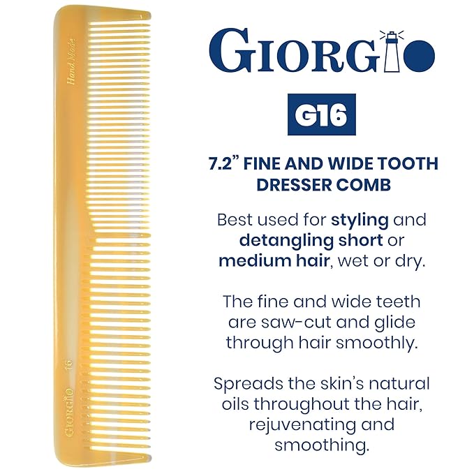 Giorgio G16 Fine Tooth and Wide Tooth Detangler Comb - Hair Comb for Men and for Women - Ideal as a Hair Styling Barber Comb and Detangler - Saw Cut and Handmade (Ivory)
