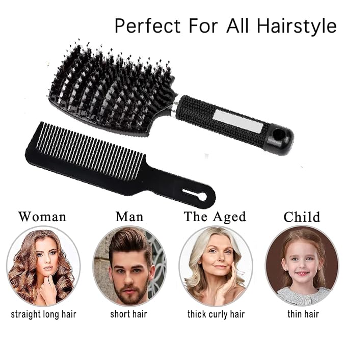 Voremy Magical Brush Detangler & Flat Hair Comb Set, Natural Boar Bristle Hair Brush Ultra Soft For All Hair Types - For Women, Men, Thick And Curly Hair (2 Pack)