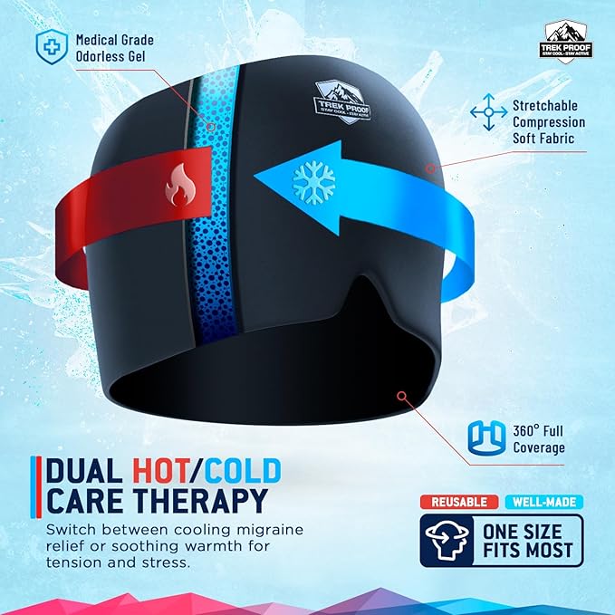 Trekproof Migraine Relief Cap, Cooling Gel Headache Relief Cap, Ice Pack for Face and Eyes, Cooling Migraine Mask, Soothing Cold Therapy Head Ice Pack Head Wrap for Tension, Sinus, Hangovers