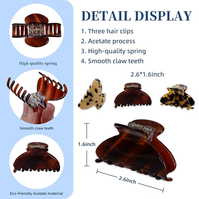 3 Pack Women's Hair Clips Set brown - Vintage Tortoise & Leopard Print Non-Slip Claw Clips, Celluloid Jaw Clamps for Medium Hair Hair Accessories Gift for Women