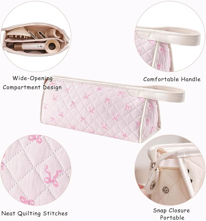 Large Quilted Hair Tools Travel Bag,Aesthetic Hair Styling Accessories Storage Case for Flat Irons,Straightener,Curling Iron,Hair Dryer,Dyson Airwrap Travle Bag,Portable Organizer（03Pink Bow）