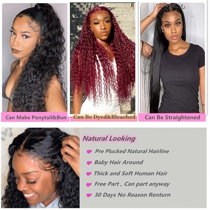 30 Inch Deep Wave Lace Front Wig Human Hair 13x4 Curly Wigs for Black Women Pre Plucked with Natural Baby Hair 180 Density Brazilian Virgin Lace Frontal Wet Wig Human Hair Natural Color