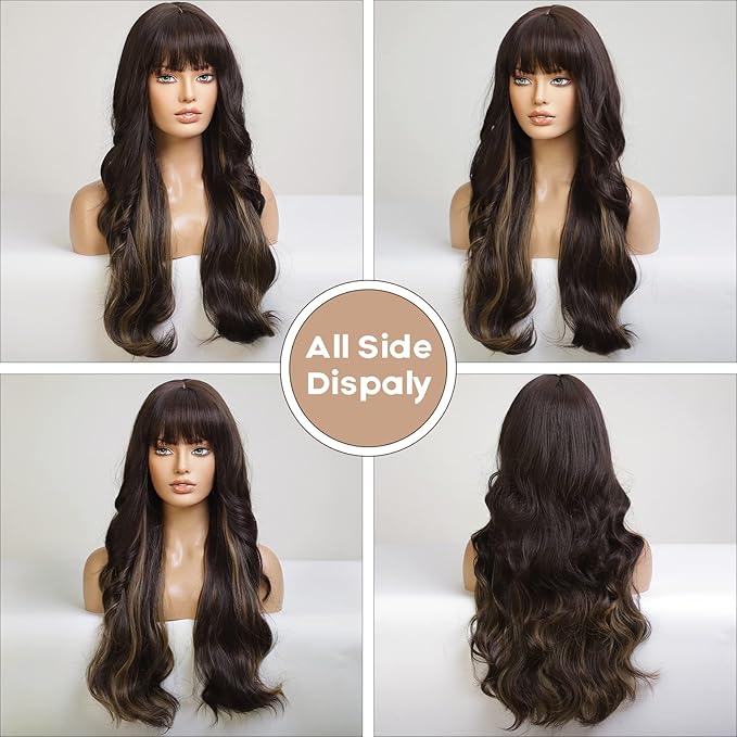 EMMOR Ombre Brown Wigs for Women Long Curly Wigs with Bangs Wave Heat Resistant Synthetic Wigs Soft Natural Looking