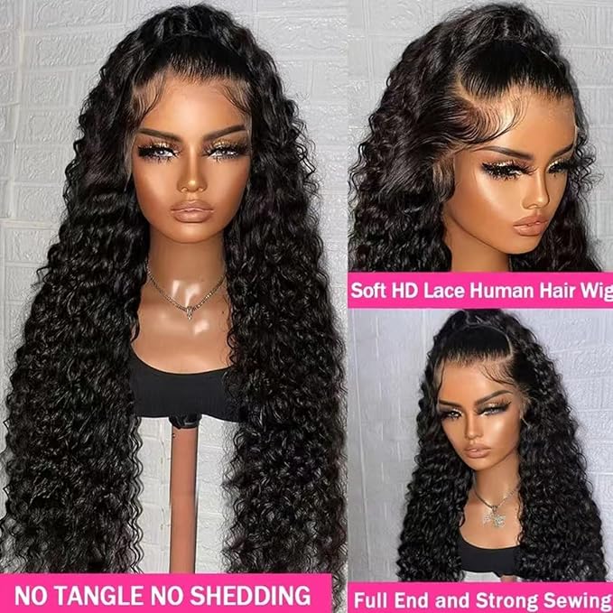 250 density Deep Wave Lace Front Wigs Human Hair Glueless Wig HD Lace Front Wigs Pre Plucked with Baby Hair for Women 13x6 Deep Curly Frontal Wigs Human Hair