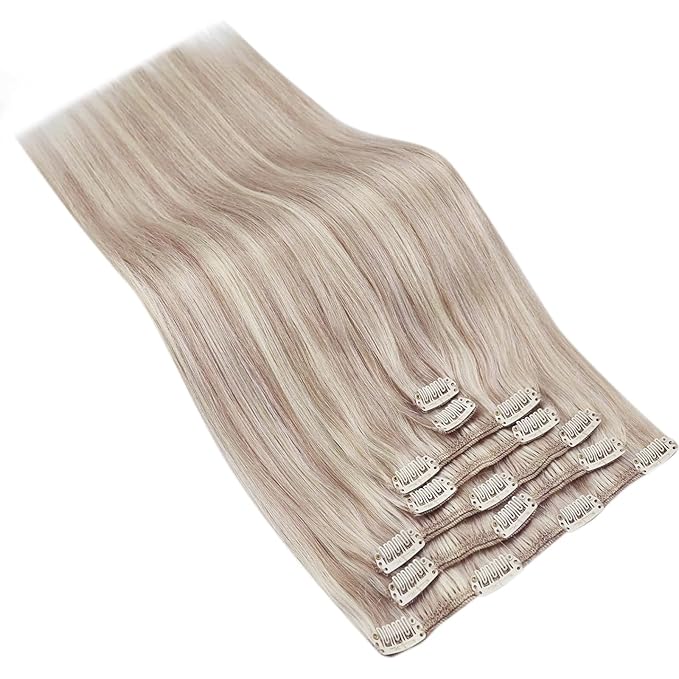 Ve Sunny Real Hair Extensions Clip in Human Hair Ash Blonde Highlight Bleach Blonde Real Human Hair Extensions Clip ins Long Straight Remy Hair Extensions Full Headed 22inch 120g 7pcs
