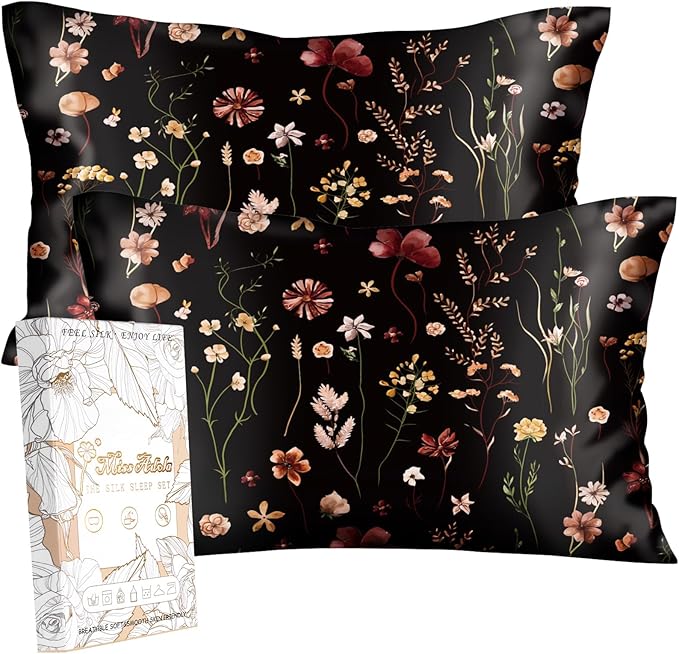 2 Pack Mulberry Silk Pillowcase for Hair and Skin - Queen Size 20 x 30 Inches with Hidden Zipper BK Grow Flower 19 Momme Soft Sleeping Silk Pillow Case for Women, Moms
