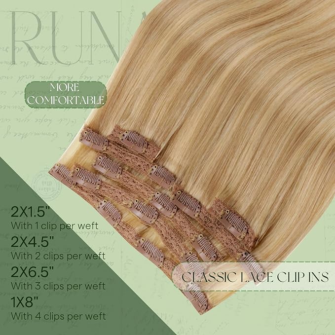 RUNATURE Clip in Hair Extensions Blonde, Real Human Hair Clip in Extensions, Remy Hair Extensions Clip ins, Double Weft Full Head Hair, 18 Inch 120g 7pcs #16P24 Golden Blonde Highlights