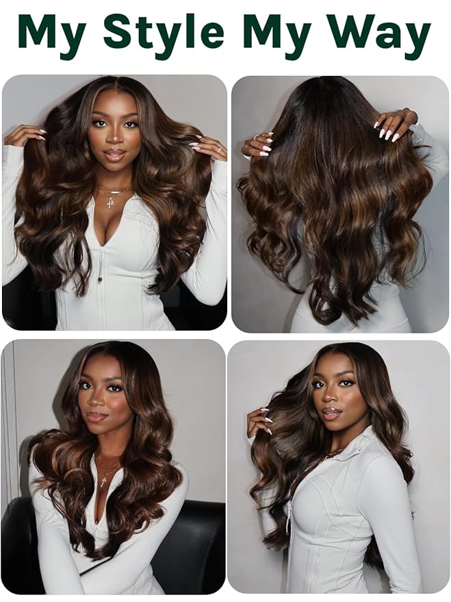 KLAIYI Ombre Brown V Part Body Wave Human Hair Upgrade U Part Wig with Dark Roots Glueless Chestnut Brown Clip in Half Wig No Glue No Leave Out Beginner Wigs for Women Ready To Wear and Go 150% 26Inch