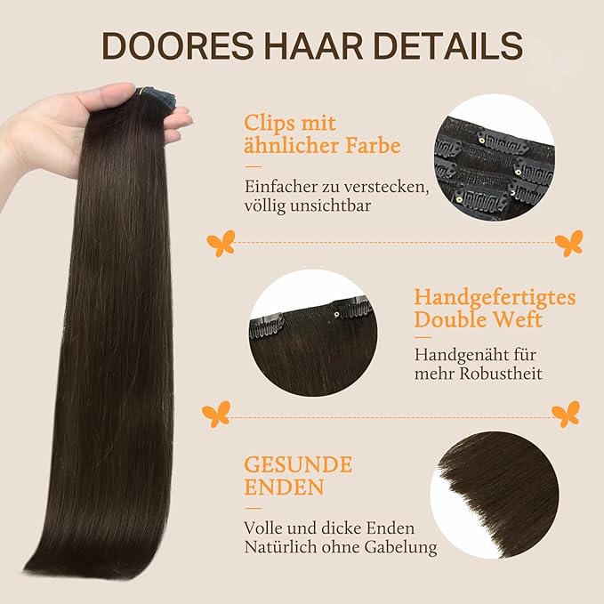 DOORES Clip in Hair Extensions Real Human Hair, Dark Brown 12 Inch 7pcs 80g, Remy Hair Extensions Clip in Human For Women Natural Silky Straight