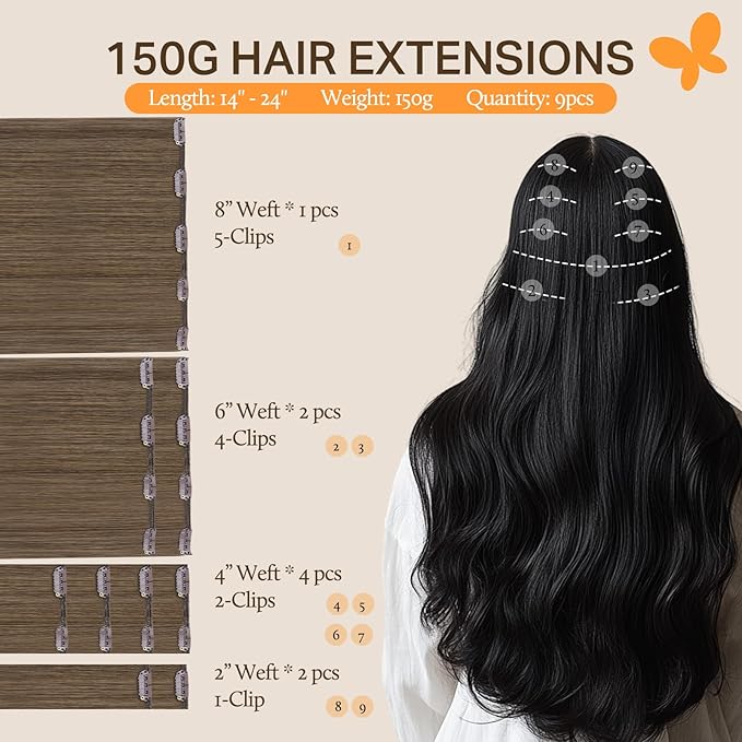 DOORES Human Hair Extensions Clip in, Light Ash Brown 150g 9pcs 16 Inch, Clip ins Remy Hair Extensions Real Human Hair Clip in Hair Extensions Human Hair Natural Straight Thick Hair