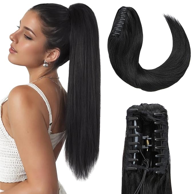 Hairro Clip On Ponytail Hair Extensions Jaw On Claw Clip Ponytails Real Hair Long Jaw/Claw Pony Tail With Clips Hairpieces For Women 18 Inch 115g #01 Dark Black