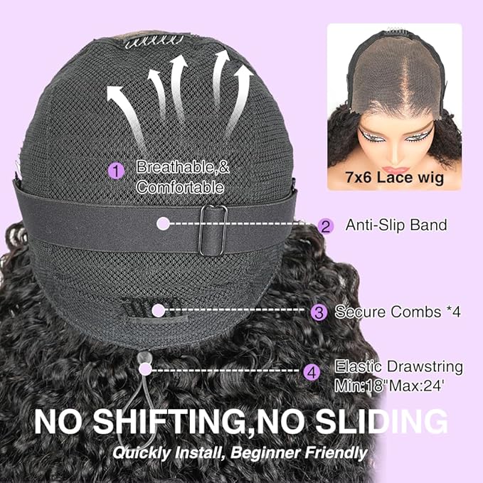 7x6 Burmese Curly Glueless Wigs Human Hair Pre Plucked Pre Cut 250% Density Drawstring Wig Human Hair 7x6 HD Lace Front Wigs Human Hair for Black Women Wear and Go Glueless Wig Natural Color 16inch