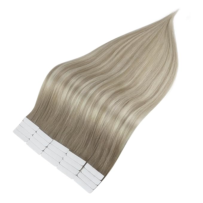 Full Shine Tape in Hair Extensions Human Hair 14 Inch Seamless Tape in Extensions Color 19 Grey Fading to 8 Ash Brown and 60 Blonde Remy Hair Extensions Real Human Hair 50G for Wedding 20Pcs