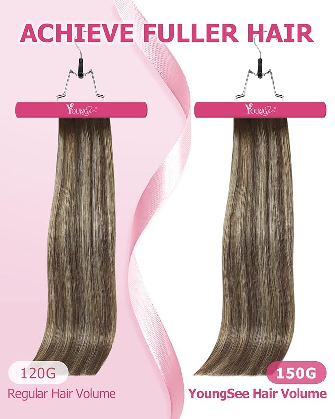 YoungSee 150G Clip in Hair Extensions Real Human Hair Brown Balayage Clip in Human Hair Extensions Chocolate Brown with Ash Blonde Balayage Clip ins Real Hair Extension Easy to Install 22inch 7pcs