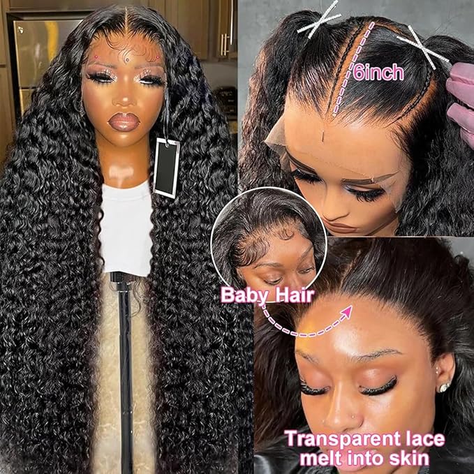 250 density Deep Wave Lace Front Wigs Human Hair Glueless Wig HD Lace Front Wigs Pre Plucked with Baby Hair for Women 13x6 Deep Curly Frontal Wigs Human Hair