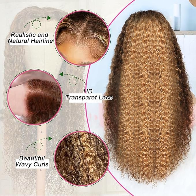 AMIRTY Ombre Lace Front Wigs Human Hair Pre Plucked Honey Blonde 4/27 Highlight Deep Wave 13x6 Lace Front Wig with BabyHair Drawstring Wig Human Hair Lace Frontal Human Hair Wigs for Women