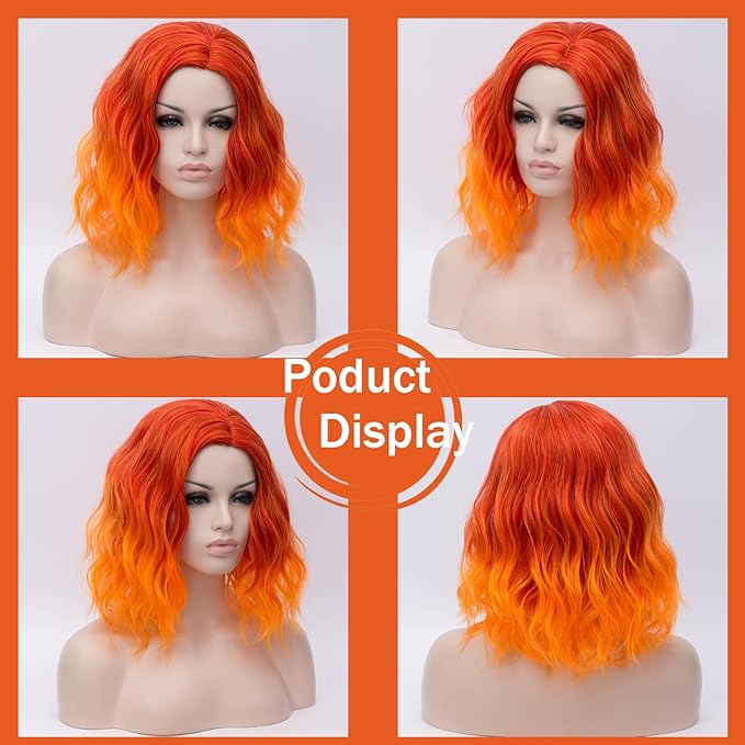 BUFASHION 14" Women Short Orange Kinky Straight Cosplay Synthetic Wigs With Air Bangs 46 Colors Available (Orange)
