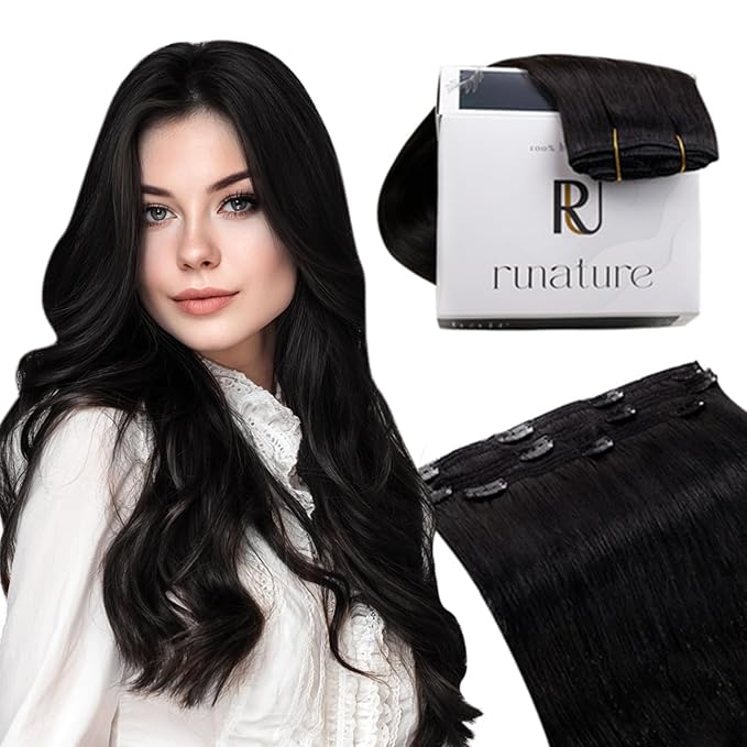 RUNATURE Black Clip in Hair Extensions, Real Human Hair Clip in Extensions, Clip on Hair Extensions For Women, Double Weft Remy Natural Hair, Easy to Install, 14 Inch 50g 3pcs #1B Off Black