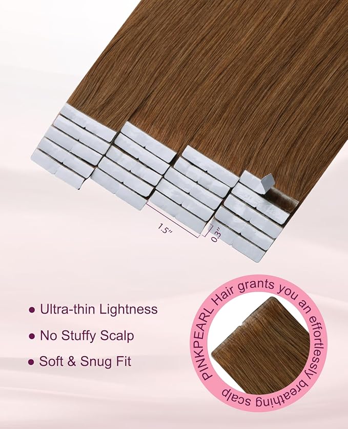 Pinkpearl Invisible Tape in Hair Extensions Human Hair, 20pcs 20inch 55g #33 Auburn Injection Tape in Extensions Real Remy Straight Seamless Silky Human Hair Injected
