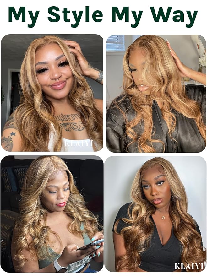 KLAIYI Bye Bye Knots Glueless Wig Highlight Blonde Body Wave Pre Cut 7x5 HD Lace Front Wigs Human Hair Pre Plucked Pre Bleached Pre Everything Wear and Go Wig 12A Ombre Brown 30S Ready To Wear 16Inch
