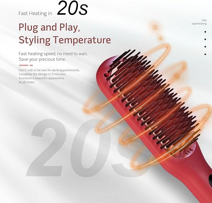 Updated Megawise Pro Ceramic Ionic Hair Straightener Brush – Fast 20s Heating, Auto-Off, Anti-Scald, Dual Voltage, Rotatable Power Cord – Home Salon Styling (Tomato Red)