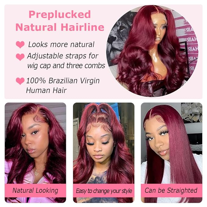 Burgundy Wig Human Hair 13x4 99j Burgundy Lace Front Wigs Human Hair Pre Plucked HD Transparent Lace Frontal Wigs Red Colored Wig 32Inch