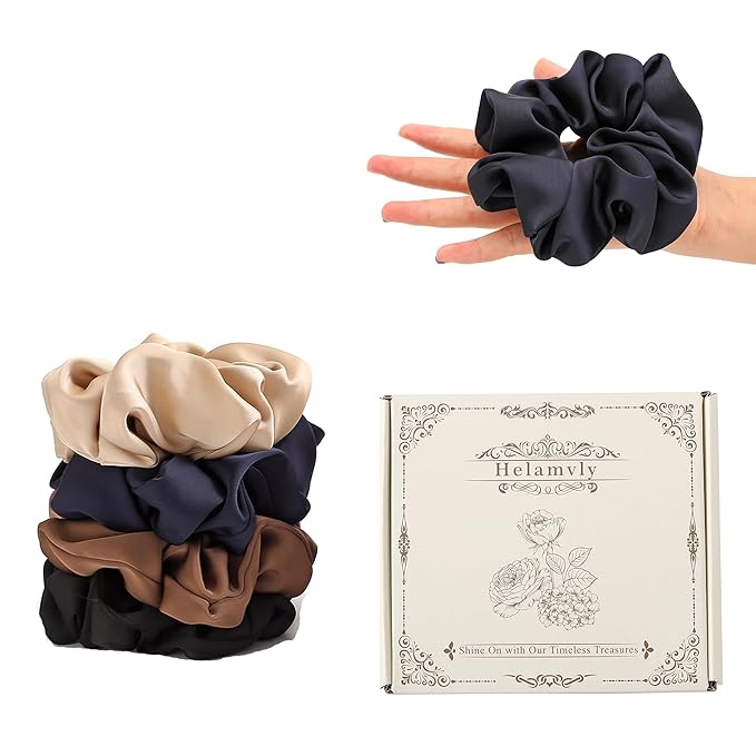 4PCS Large Satin Silk Scrunchies for Women - Big Glossy Scrunchie for Thick Hair Girl Hair Ties Ponytail Holders Jumbo Scrunchies (Black Navy-Blue Brown Champagne)