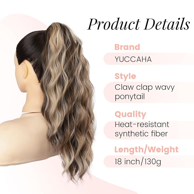 18 Inch Ponytail Extension for Women Claw Ponytail Extension Wavy in Fake Pony Tails Fake Hair Fluffy Natural Synthetic Hairpiece for Daily Use (Chestnut Brown Mixed Ash Blonde)