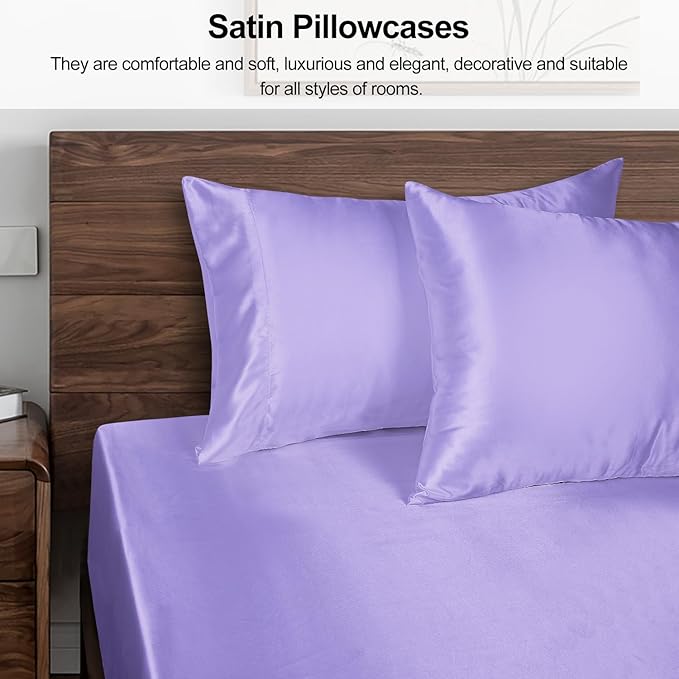 Lirex Satin Pillowcase for Hair and Skin, Super Soft and Cooling Similar to Silk, 2 Pack Standard Size 20"X 26" Pillow Cases with Envelope Closure, Gifts for Women Men, Light Purple